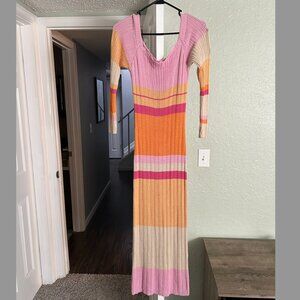Peppermayo Long Sleeve Ribbed Maxi Dress in Pink, Orange, Cream